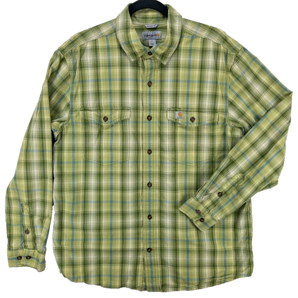 Carhartt Shirt Men’s Large Green Blue Plaid Relaxed Fit Long Sleeve Button Up